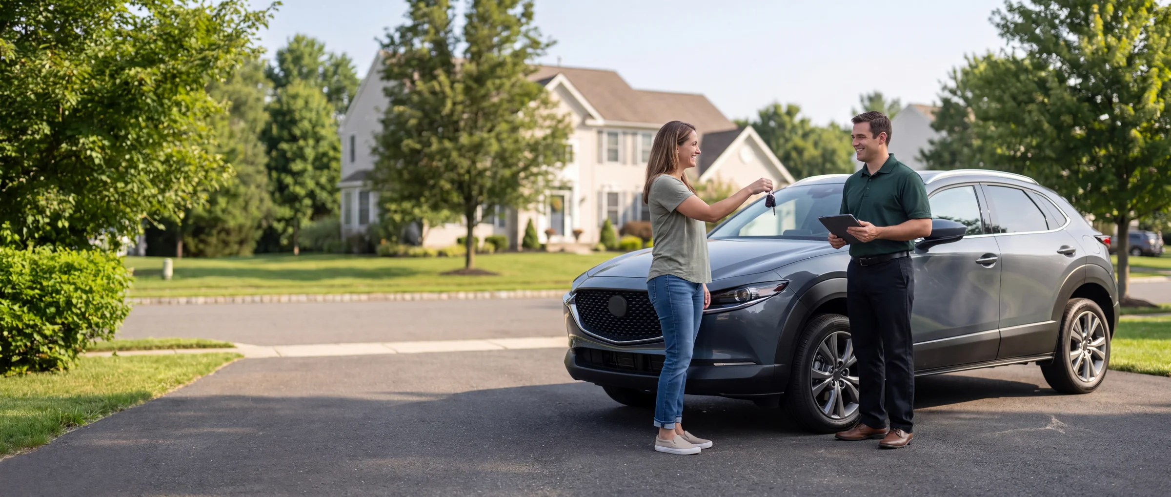 An Ecodrive specialist collecting a customer's car from their driveway
